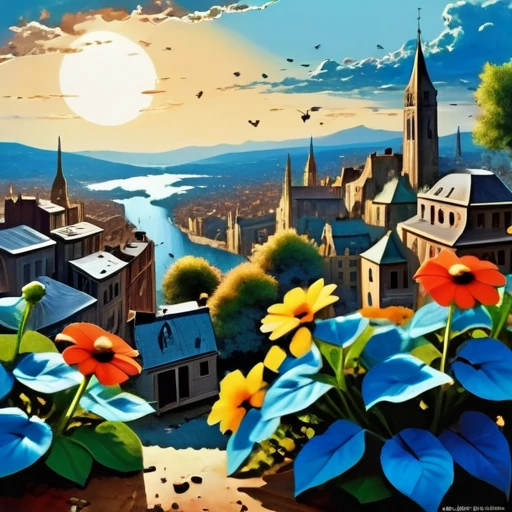 (masterpiece:1.4), (best quality:1.4), (high resolution:1.4), (masterpiece, best quality, high resolution:1.4), dark fantasy, Science fiction, Frank Miller comic style, After the end of the world，A destroyed city without humans,top view，1 flower