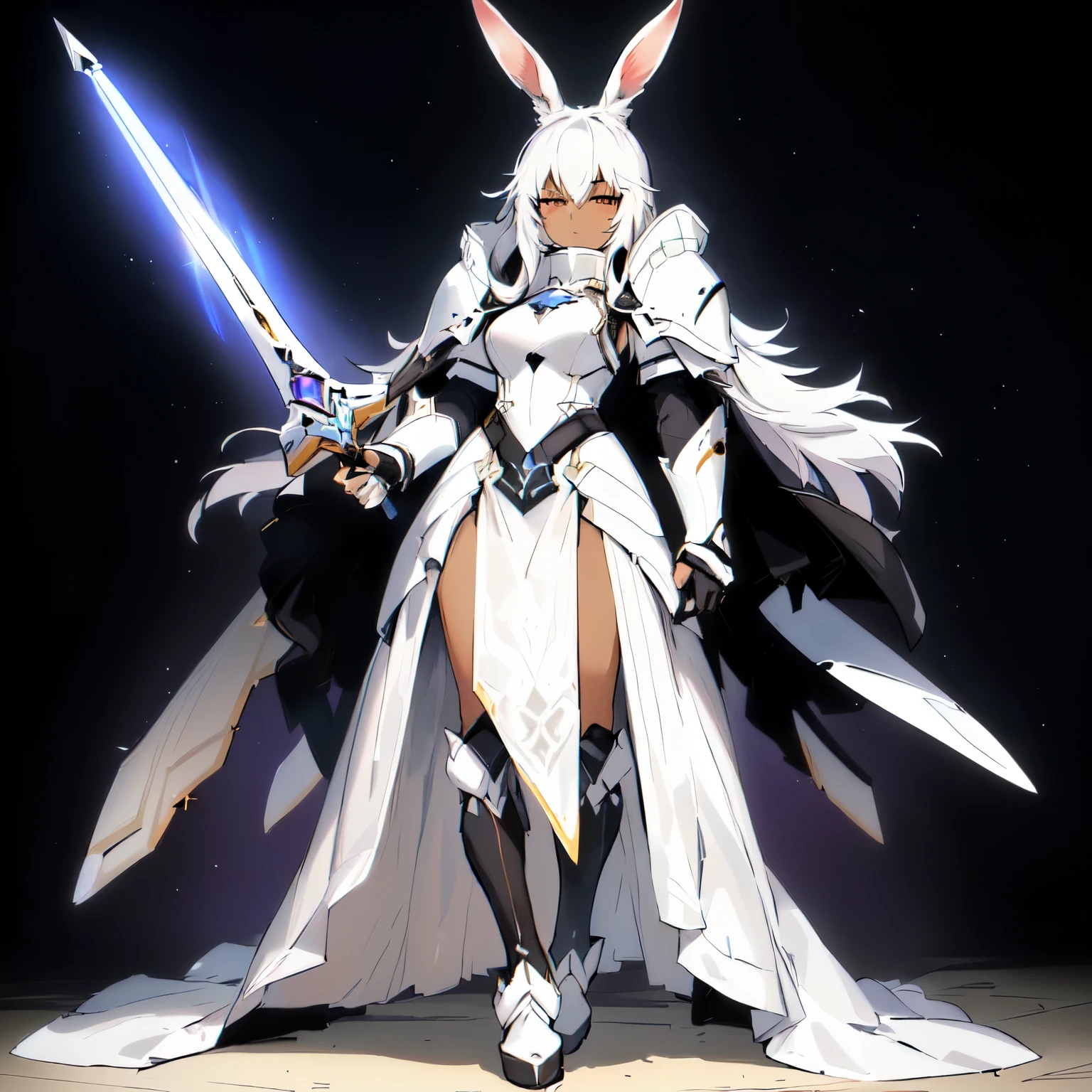 (highres, best quality), far from frame, depth of field, Adult female, (detailed, highly detailed), soft lighting, (color_contrast), Long white hair, brown eyes, rabbit ears, rabbit tail, fitted armor, full body armor, medium breasts, brandishing a sword: longsword, silver steel on cross guard, ornament pummel, holding hilt of the sword, on a battlefield, looking fierce, looking determined, detailed eyes, cute, toned body, thick thighs, covered legs, muscular arms