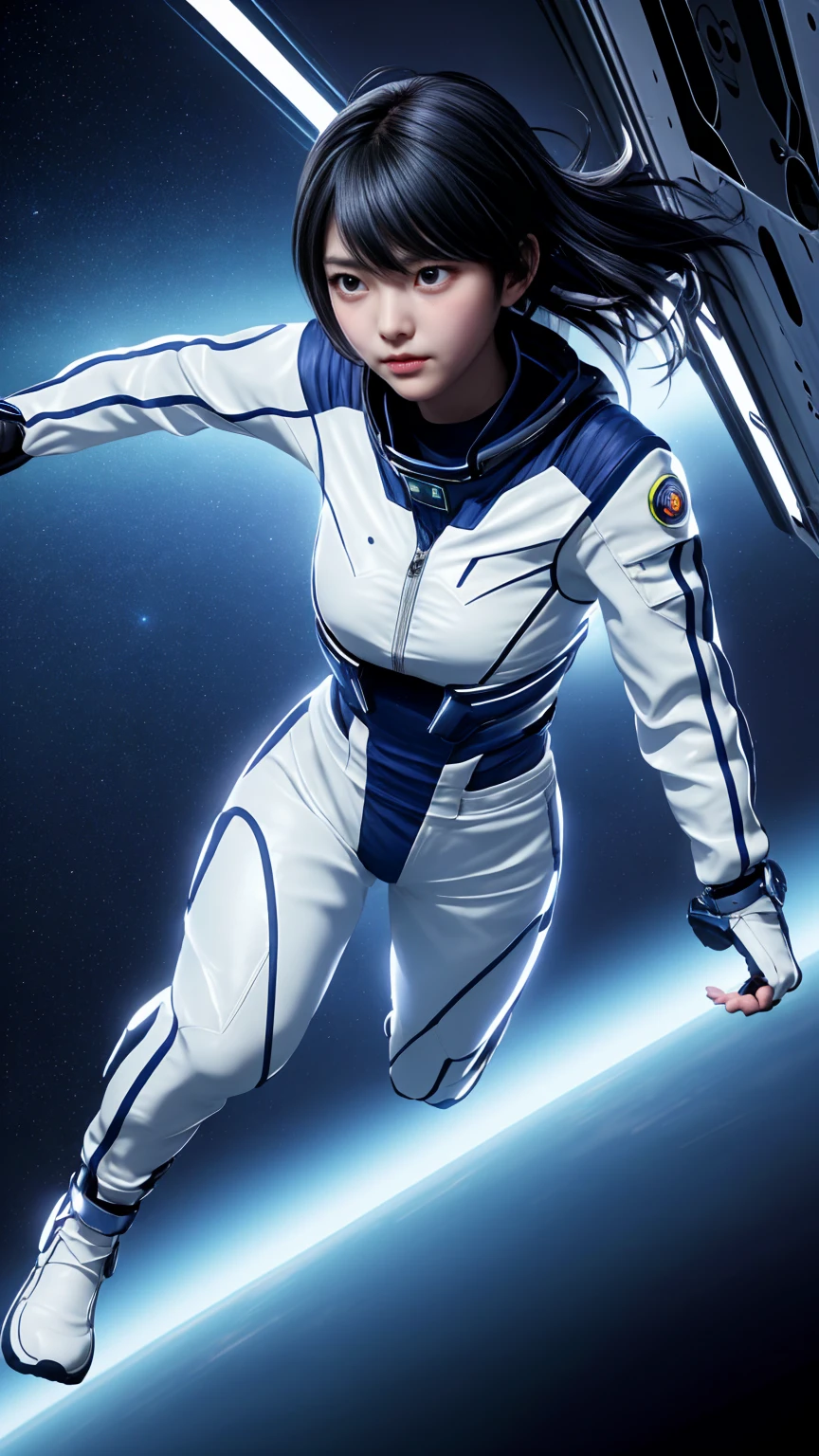 beautiful anime girl, training in spaceship, throwing multiple punches, determined expression, futuristic interior, zero gravity, dynamic pose, action shot, glowing energy effects, sleek space suit, floating hair, cinematic lighting, detailed background, high detail
