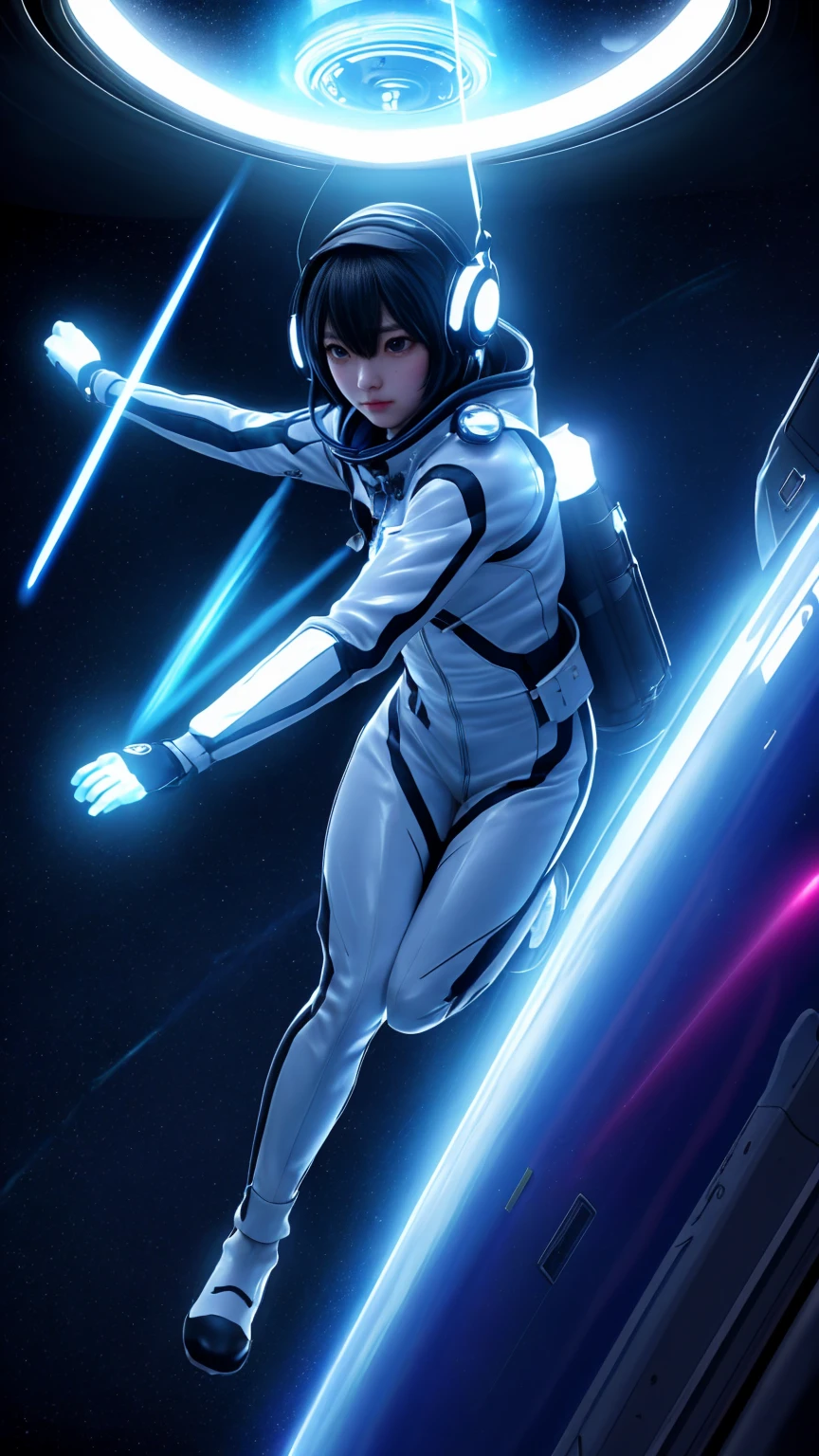 beautiful anime girl, training in spaceship, throwing multiple punches, determined expression, futuristic interior, zero gravity, dynamic pose, action shot, glowing energy effects, sleek space suit, floating hair, cinematic lighting, detailed background, high detail