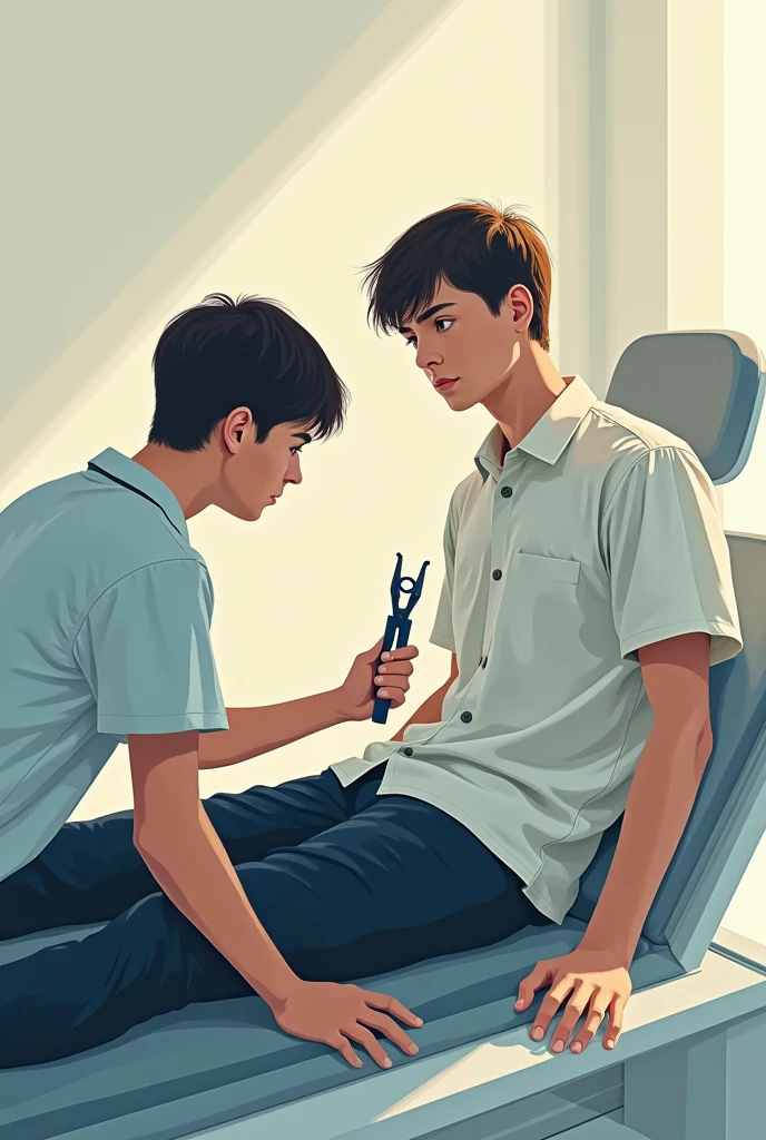 young man lying on a stretcher, receiving therapy . young man dressed in a school uniform. therapist holding a blunt forceps, doing knee therapy