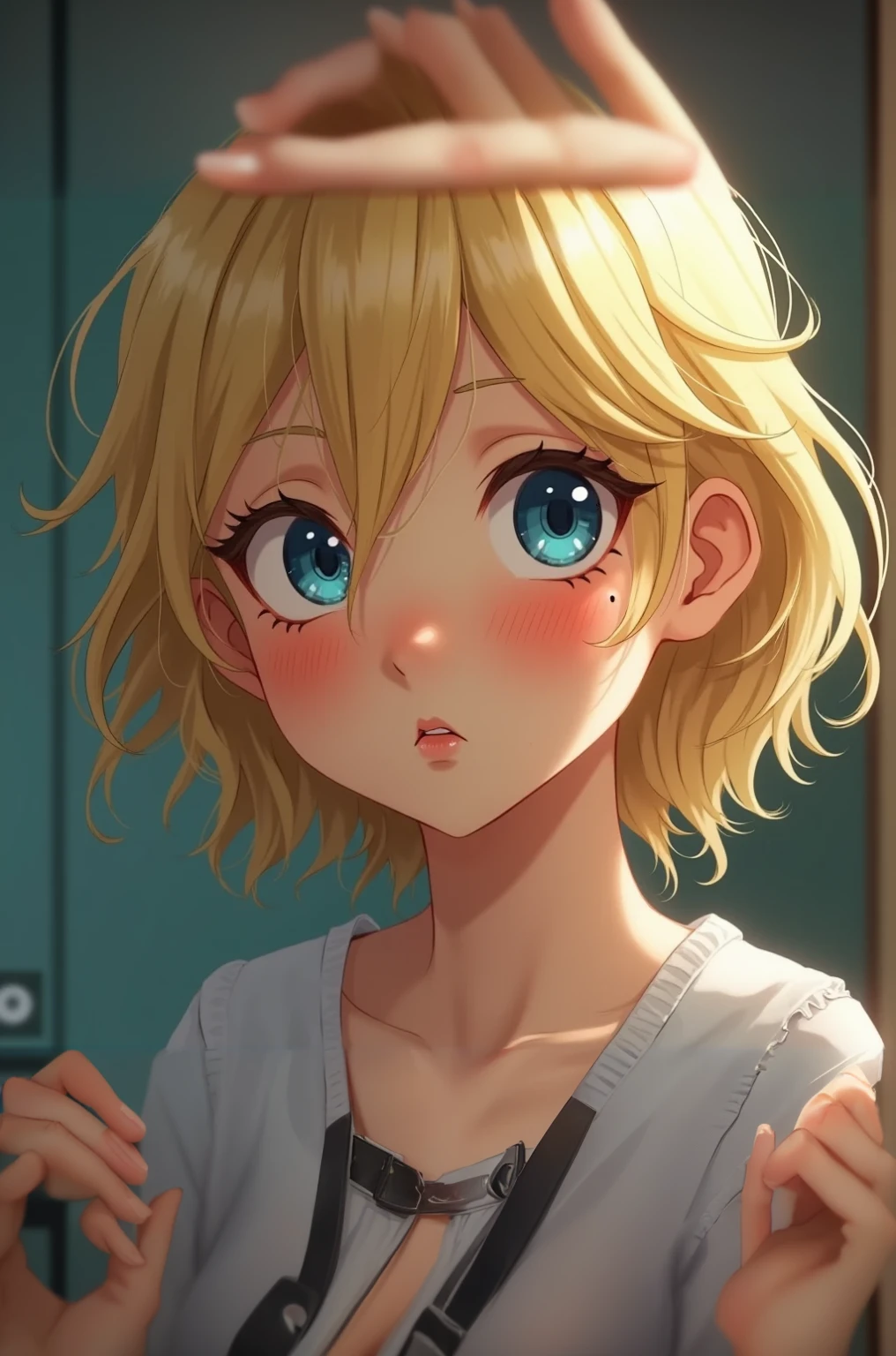 beautiful girl with short blonde hair, small lips, and blue eyes, a mole below her eye, and she is winking and she is shy