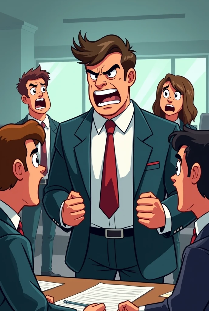 Create a cartoon of an angry company Director and subordinate managers who are very scared, very very scared