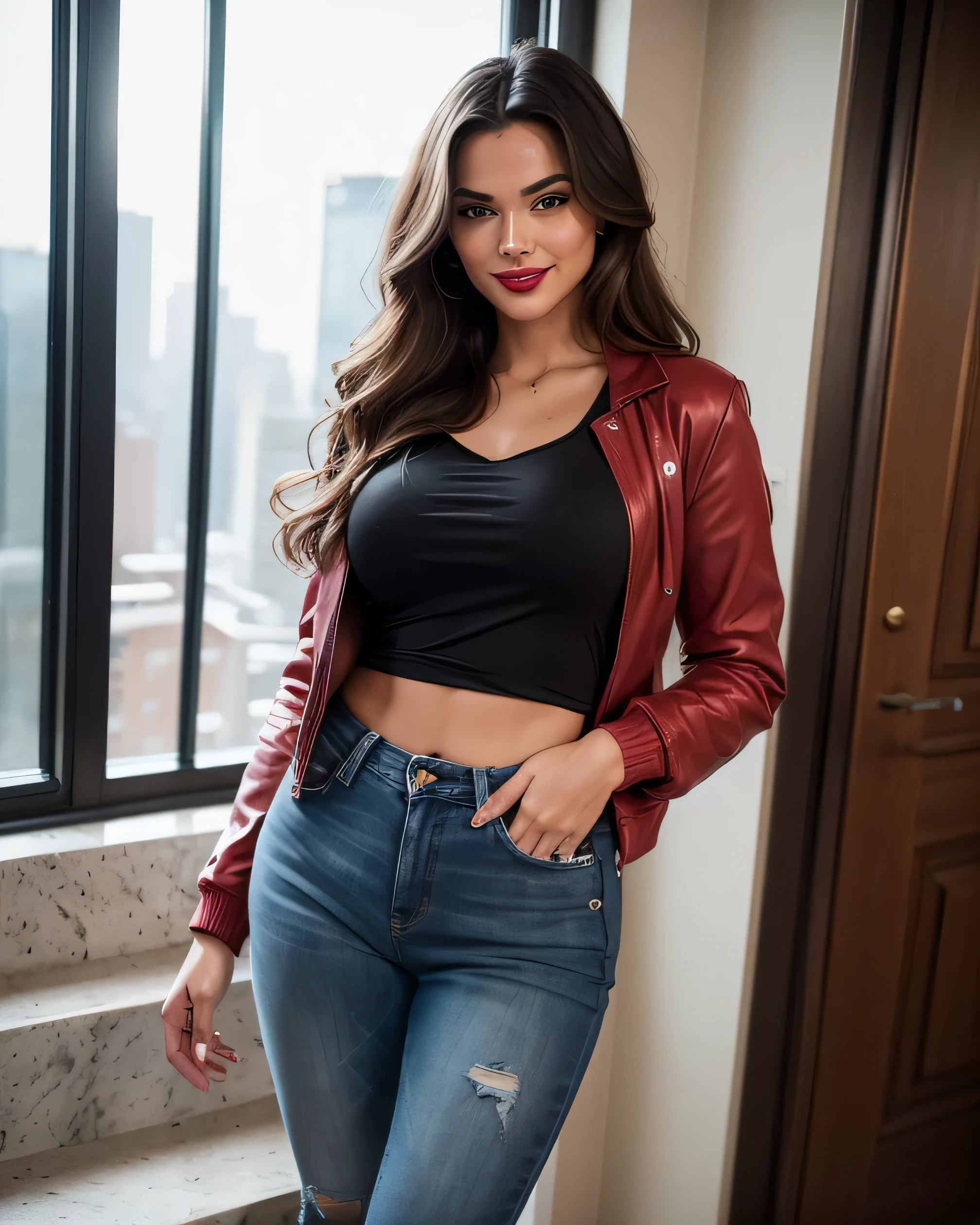 Ultra HD resolution, Professional candid Photography, ((21 year very sexy super-model, smiling at the viewer, Long Brunette wavy hair, medium breasts:1.1, perfect hourglass figure, ultra realistic skin, walking down stairs in a pent house, smiling at viewer, wearing very sexy black top and jeans with jacket)) (posing like a super model on stairs, walking down stairs in a pent house, captivating eyes, romantic erotic mood, smiling at the viewer, natural red lips, attention to detail