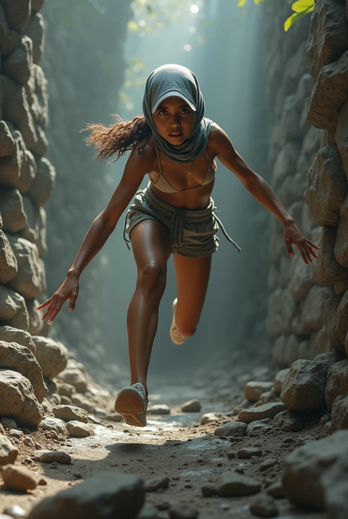 Set the scene in a gritty, stone environment. The ????? Malay girl, only adorned in a sporty hijab, engages in an exhilarating parkour challenge, leaping between platforms, vaulting over obstacles, and showcasing her agility. Capture the raw energy and determination in her expression