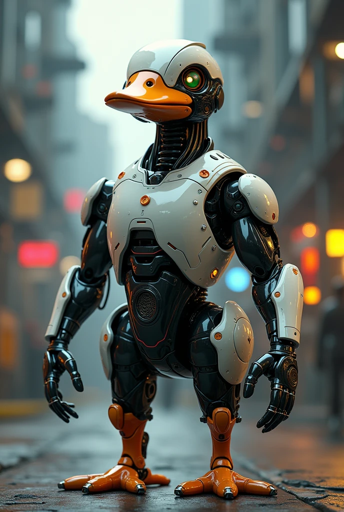 Robot duck cyber, humanoid , full body ,arms and legs , muscular