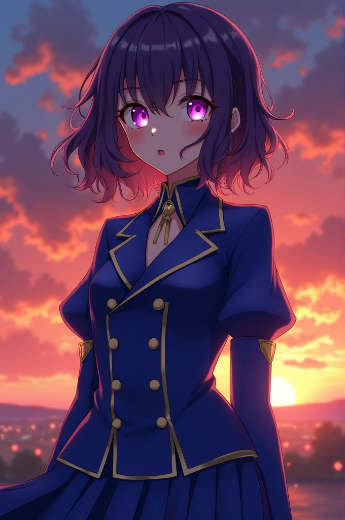 Create an Oshi no Ko character , with dark purple hair, Wavy, eyes sunset 🌆🌇 , wearing a blue uniform , and a sunset background