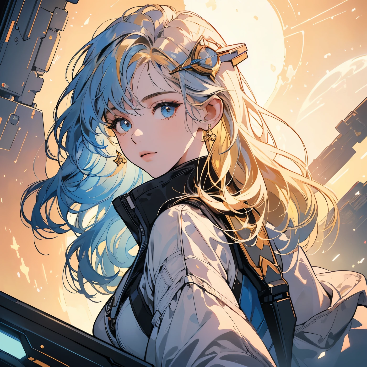 (((Masterpiece, top quality))), (((32K wallpaper))), ultra high resolution, (((close-up))), gorgeous light leak, (((backlit))), highly detailed background, top quality, One beautiful woman, inside a spaceship, perfect machine, spacesuit, perfect face, outer space, witchboard, perfect and detailed machine, detailed hair, (((Various angles))), cockpit, upper body shot, head shot , top quality, (((Various unique hairstyles))) Long shot, panorama,(((Various hair color))), Outer space in the background, Pale Lighting, shoot from above, (((Ultra-detailed golden futuristic hair ornament)))