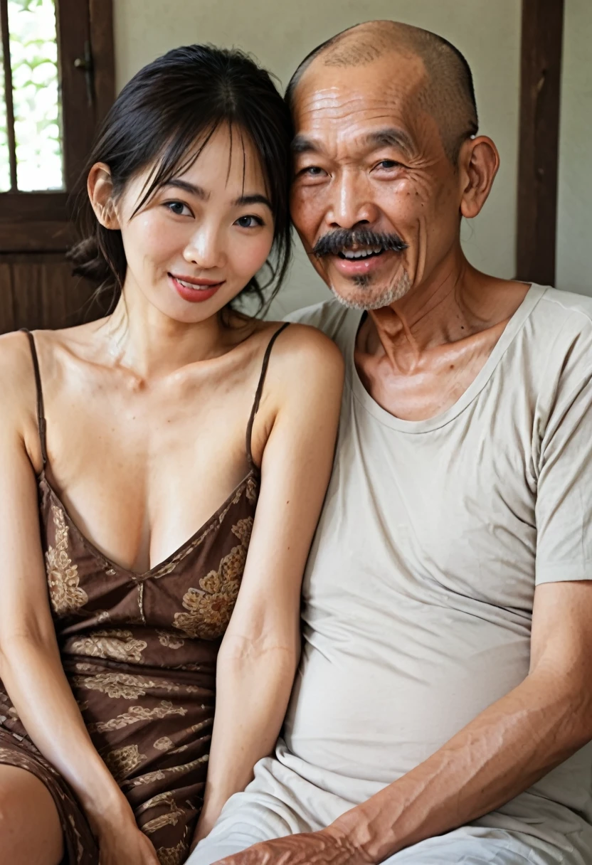 photo of an ugly javanese old man, slightly bald, tongue out trying to lick, very skinny and neatly trimmed beard and moustache wearing batik tshirt in an intense sexual atmosphere with an exquisitely beautiful japanese woman, with a gorgeous face, medium brown hair, resting on shoulders, with a thick body, collarbone, large saggy breasts, wide hips, wearing a thin sheer dress with high slit, sitting on his lap, intimately touching her, highly detailed features, n a bedroom setting, intimate atmosphere, highres, full body, dynamic view, photorealistic