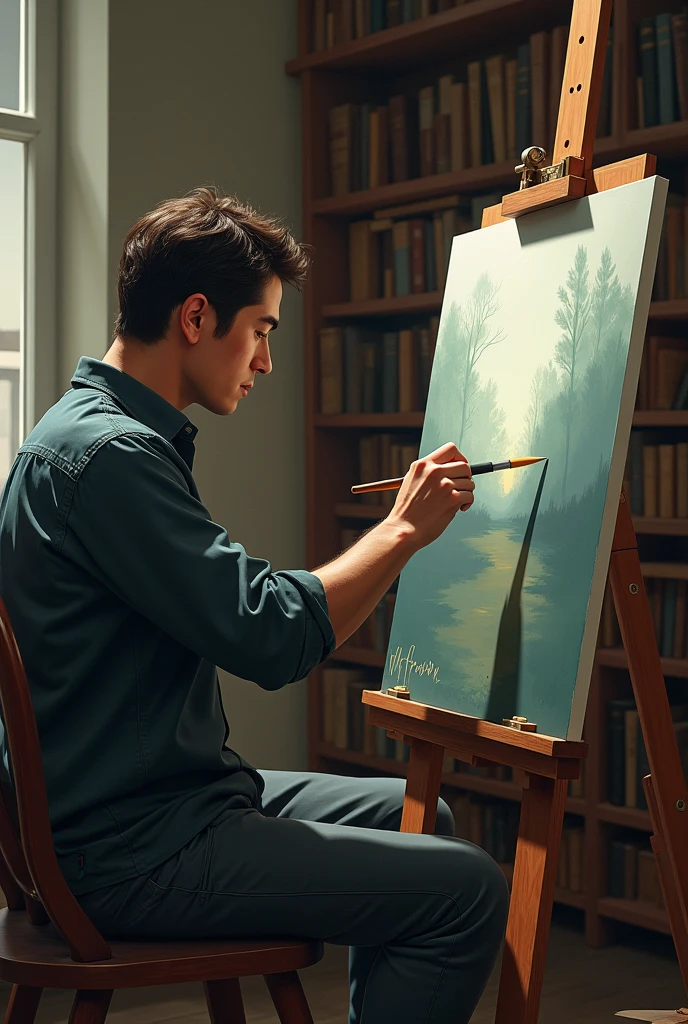 man painting feelings with several books as background paintings