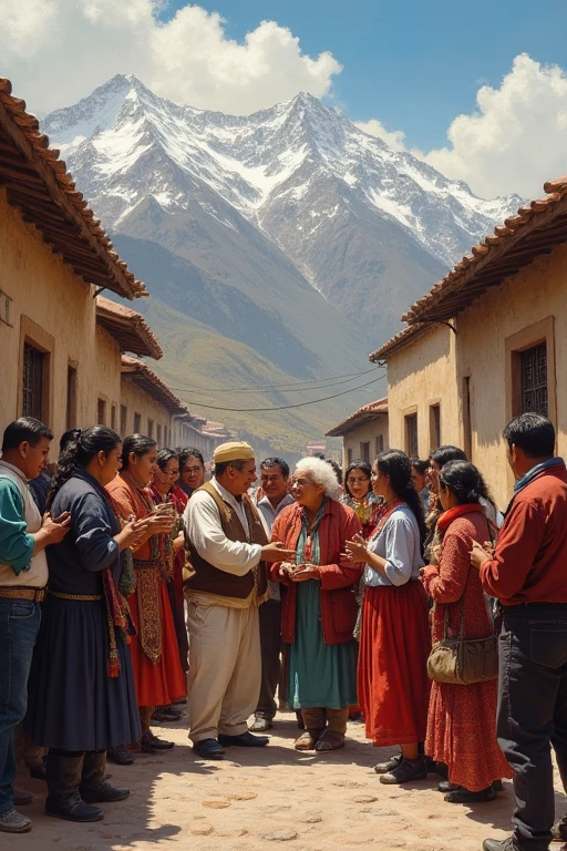 Inhabitants of the town showing gratitude and affection towards a couple, Peruvian Sierra 1890