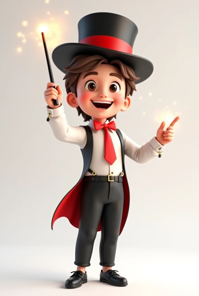 A happy and cute person with short brown hair, wearing a magician's outfit consisting of a white shirt, a red tie, a pair of black pants, shoes black, a black top hat with a red band on his head and a magic wand in his hand, white background, Pixar-style, 3d, Cartoon s, face detailed, asymmetric