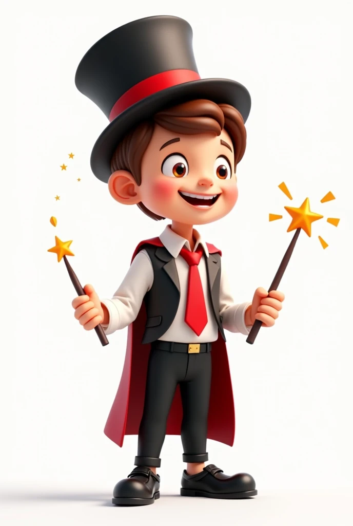A happy and cute person with short brown hair, wearing a magician's outfit consisting of a white shirt, a red tie, a pair of black pants, shoes black, a black top hat with a red band on his head and a magic wand in his hand, white background, Pixar-style, 3d, Cartoon s, face detailed, asymmetric