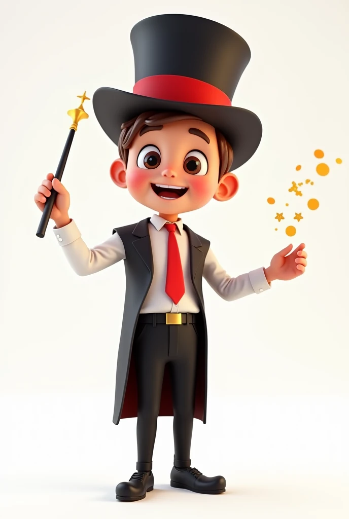 A happy and cute person with short brown hair, wearing a magician's outfit consisting of a white shirt, a red tie, a pair of black pants, shoes black, a black top hat with a red band on his head and a magic wand in his hand, white background, Pixar-style, 3d, Cartoon s, face detailed, asymmetric
