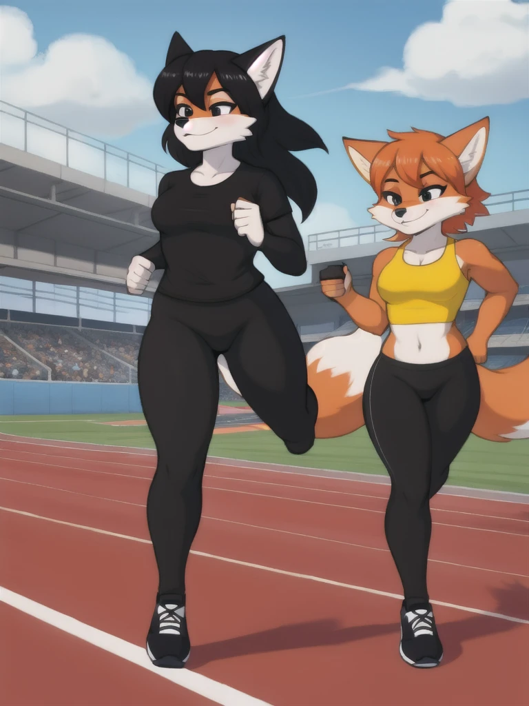 Furry, fox, female, black shirt, black leggings, shoes, running track, friends, full body