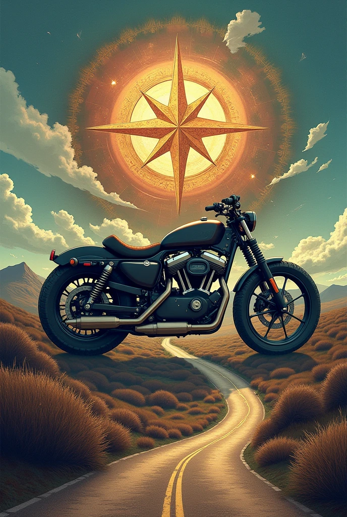 Assembly with motorcycle, compass rose and a road