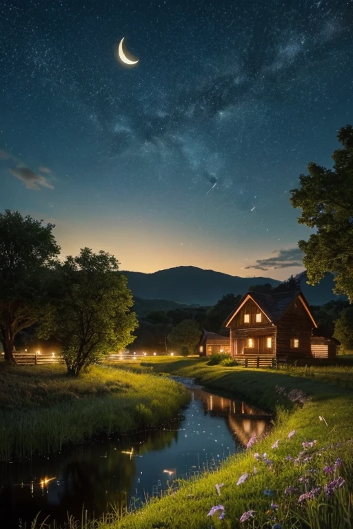 Rural landscape The murmur of a stream fireflies fly around night A crescent moon and stars hang in the sky The light of an old house in the distance Only one house