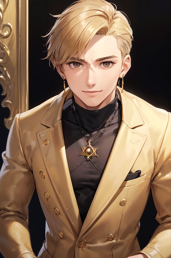 (((masterpiece; best quality: 1.2))), (detailed eyes: 1.3), ((1 young man)), ((solo)), (brown eyes: 1.4), (body shape; lean, masculine, manly face: 1.3), (short blond hair: 1.3), (clear background: 1.2), ((depth of field)), (equipment: masculine fashionable clothing + beige jacket + black turtleneck + black hoop earring: 1.3), (anime illustration: 1.2), (background composition; luxurious department interior + furniture: 1.1), (handsome: 1.1), (shot composition; standing + centered on face + bust close-up: 1.5), (facial expression; calm + smile: 1.2)