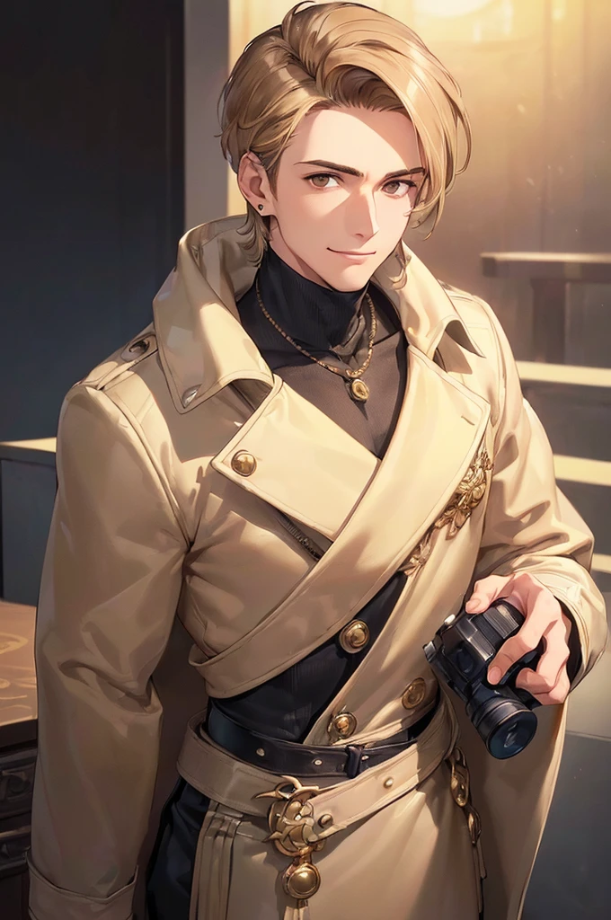 (((masterpiece; best quality: 1.2))), (detailed eyes: 1.3), ((ung man)), ((solo)), (brown eyes: 1.4), (body shape; lean, masculine, manly face: 1.3), (short blond hair: 1.3), (clear background: 1.2), ((depth of field)), (equipment: masculine fashionable clothing + beige jacket + black turtleneck + black hoop earring: 1.3), (anime illustration: 1.2), (background composition; luxurious department interior + furniture: 1.1), (handsome: 1.1), (shot composition; standing + centered on face + bust close-up: 1.5), (facial expression; calm + smile: 1.2)