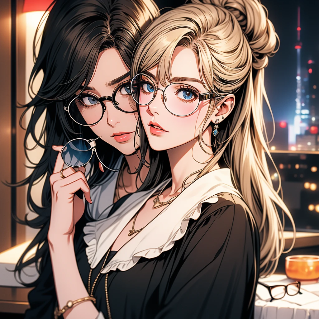(((highest quality))),(((masterpiece))),(((detailed))),(((On High Resoluti))),(((Beautiful and beautiful work: 1.5))),(Ultra High Resoluti),(((Detailed background)))8k, RAW photo, highest quality,32K,masterpiece,hyper HD,Delicate and beautiful hair, eyes and face,((hotel room)),beautiful face,((blush, Sweat)), Clear white sk,(maid costume),(ultra detail, facial), long with yellow and black highlights hair,wear glasses,black and yellow hair, ((((giant glasses, otaku glasses, round glasses)))), A pair of cat ears on the head