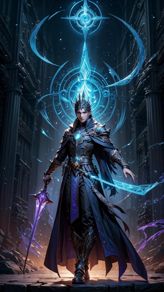 Create an image of the Arcane Battle Mage hero from Mobile Legends. The character wears flowing robes intricately designed with glowing arcane symbols and mystical runes. They hold a tall, ornate staff crowned with a large, floating crystal that pulses with arcane energy. The hero’s eyes glow with deep blue light, and their hands crackle with magical energy, ready to cast a spell. The robes shift colors depending on the spell being cast, creating a dynamic appearance. The background should be a grand, ancient library filled with towering bookshelves, magical artifacts, and swirling arcane energy