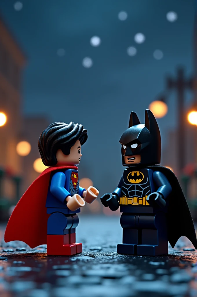 Superman and Batman in Lego art, at night.