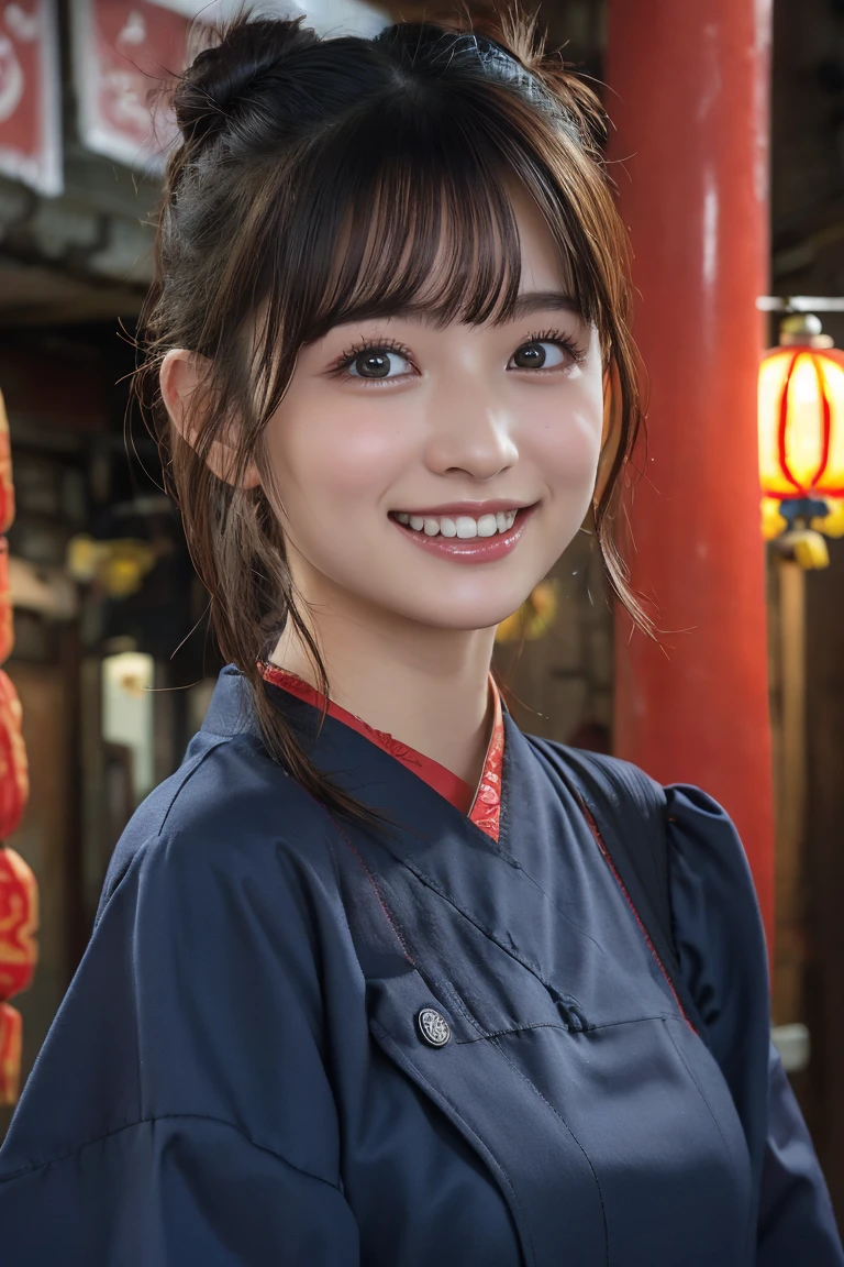 (8k, RAW Photos,Highest quality, High resolution:1.1), (Ultra-realistic:1.4),(Realistic, Realistic:1.3),The Beauty of Japan、((smile:1.3))、Yokohama(Chinatown:1.4)、China dress、Bun twin tail