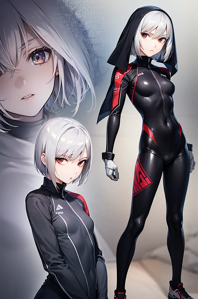 masterpiece, best quality,anime style, 1 girl,(((slender body))), (((small eyes))),(((athlete suit))), (beautiful face), (((short hair))), (((straight hair))), ((((silver hair)))),detailed beautiful skin, (perfect hands, perfect anatomy),scream