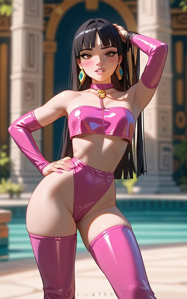 1 girl, best quality, masterpiece, Aztec temple in the background, Chel from the movie "The Road to El Dorado", detailed face, Same outfit Chel normally wears but make it all composed of latex with pink accents, pink latex sleeve socks with white accent, biting bottom lip, wearing shiny pink lip gloss, y pose, hand on hip, playing with hair, blushing deeply, pink latex choker with gold ring and leash attached