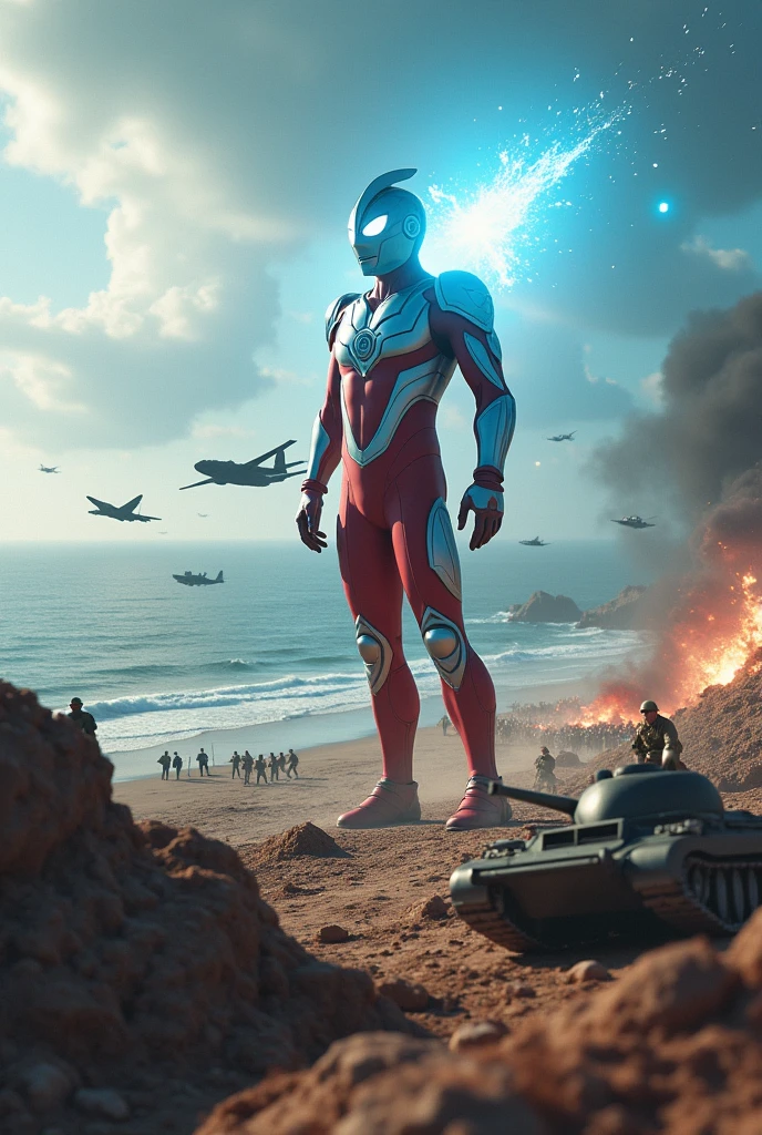 Ultraman dyna taro one hand shoulder cross to blast blue fired to army enemy swimming in pool fighting and kicking a huge army on a battlefield, detailed war scene with soldiers, tanks, aircraft, explosions, sea, beach, tilt-shift photography style, 1940s world war 2 setting, hyperdetailed, cinematic, masterpiece, best quality, 8k, hyper realistic, volumetric lighting, dramatic lighting, vibrant colors, highly detailed, intricate details, subtle film grain, seamless composition