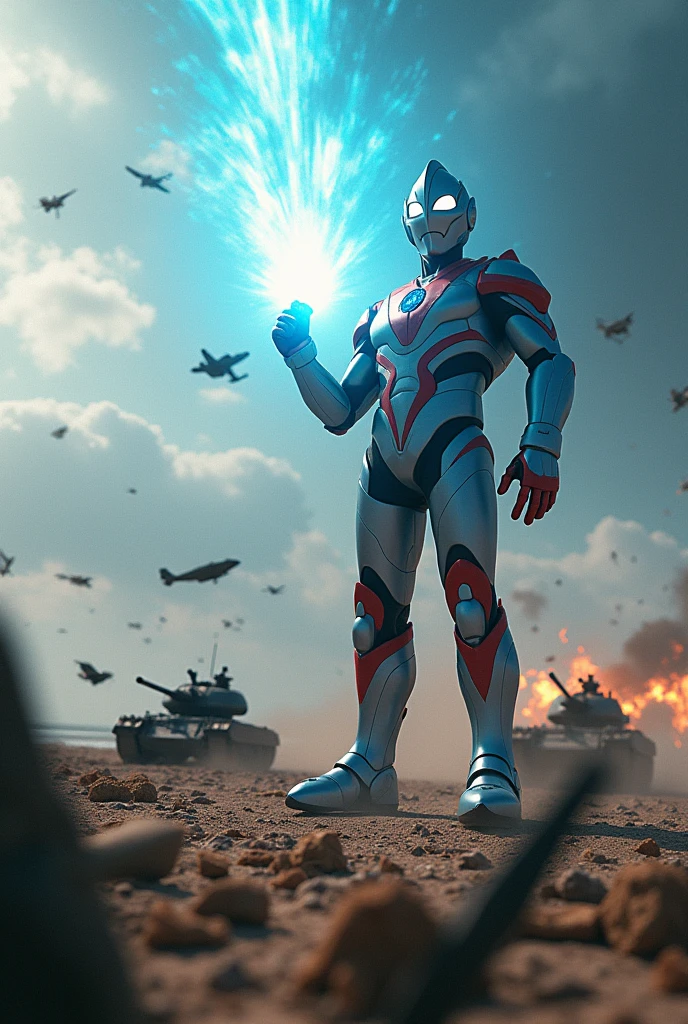 Ultraman taro . Two hand clap to blast blue fired to army and kicking a huge army on a battlefield, detailed war scene with soldiers, tanks, aircraft, explosions, sea, beach, tilt-shift photography style, 1940s world war 2 setting, hyperdetailed, cinematic, masterpiece, best quality, 8k, hyper realistic, volumetric lighting, dramatic lighting, vibrant colors, highly detaile