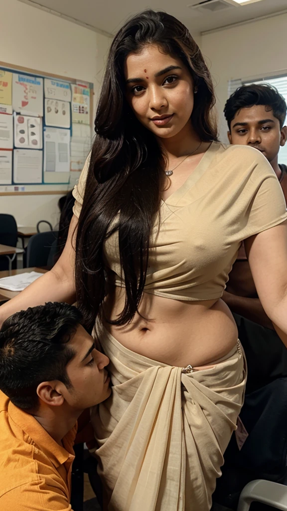 A 25 year old beautiful plus sized South Indian cream colour chiffon saree and black colour chiffon blouse wearing teacher kissing a 18 year old man in class room, a group of boys cheering next to them