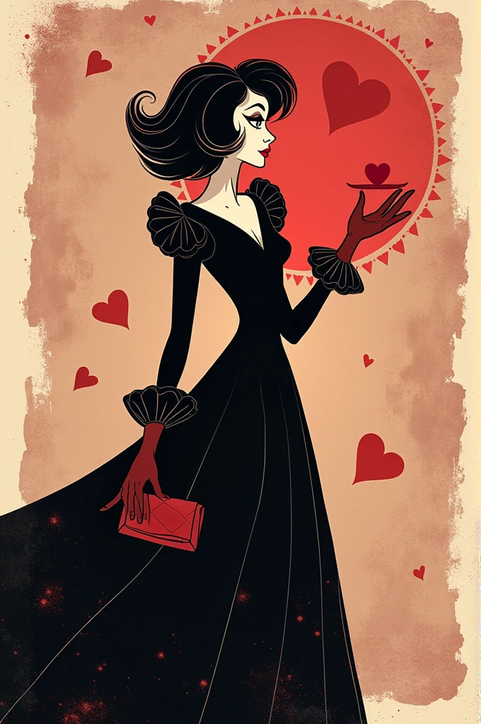 Cruella de Vil, flat illustration, with a collage style background, beautiful and romantic style, impactful