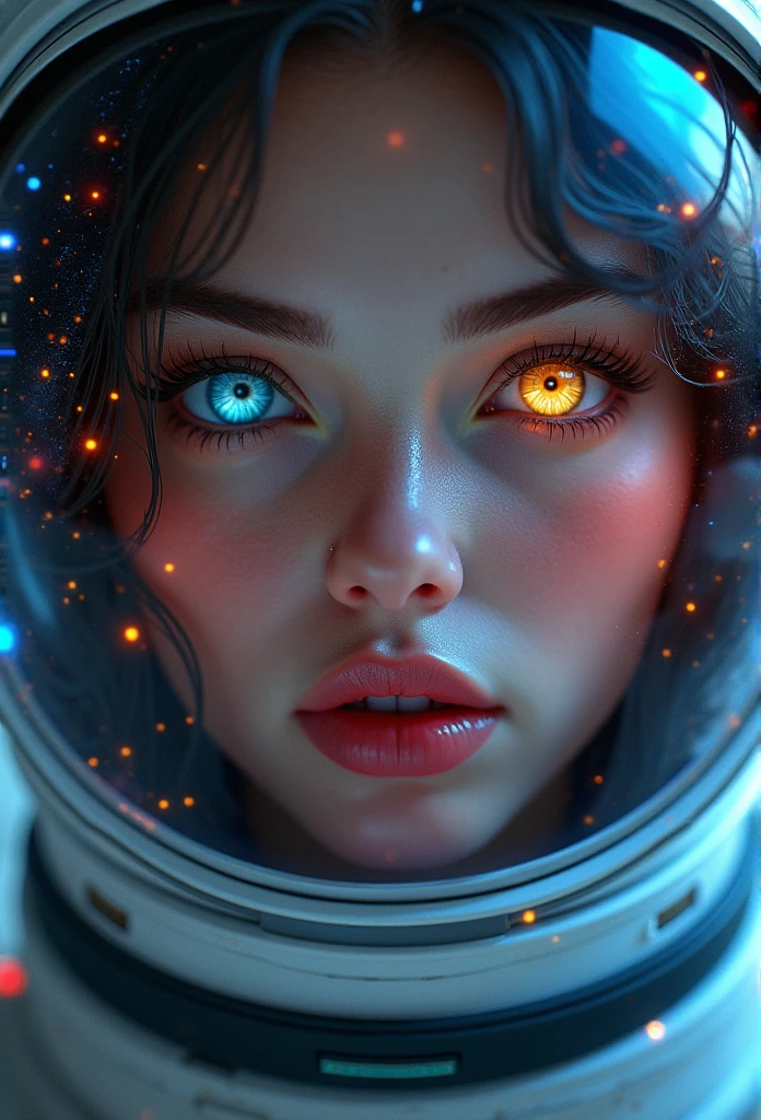 a detailed portrait of a beautiful female astronaut, closeup, stunning hyperrealistic, 8k, masterpiece, detailed eyes, detailed lips, heterochromia yellow and blue eyes, space helmet, colorful stars in eyes, glowing lights, large lips