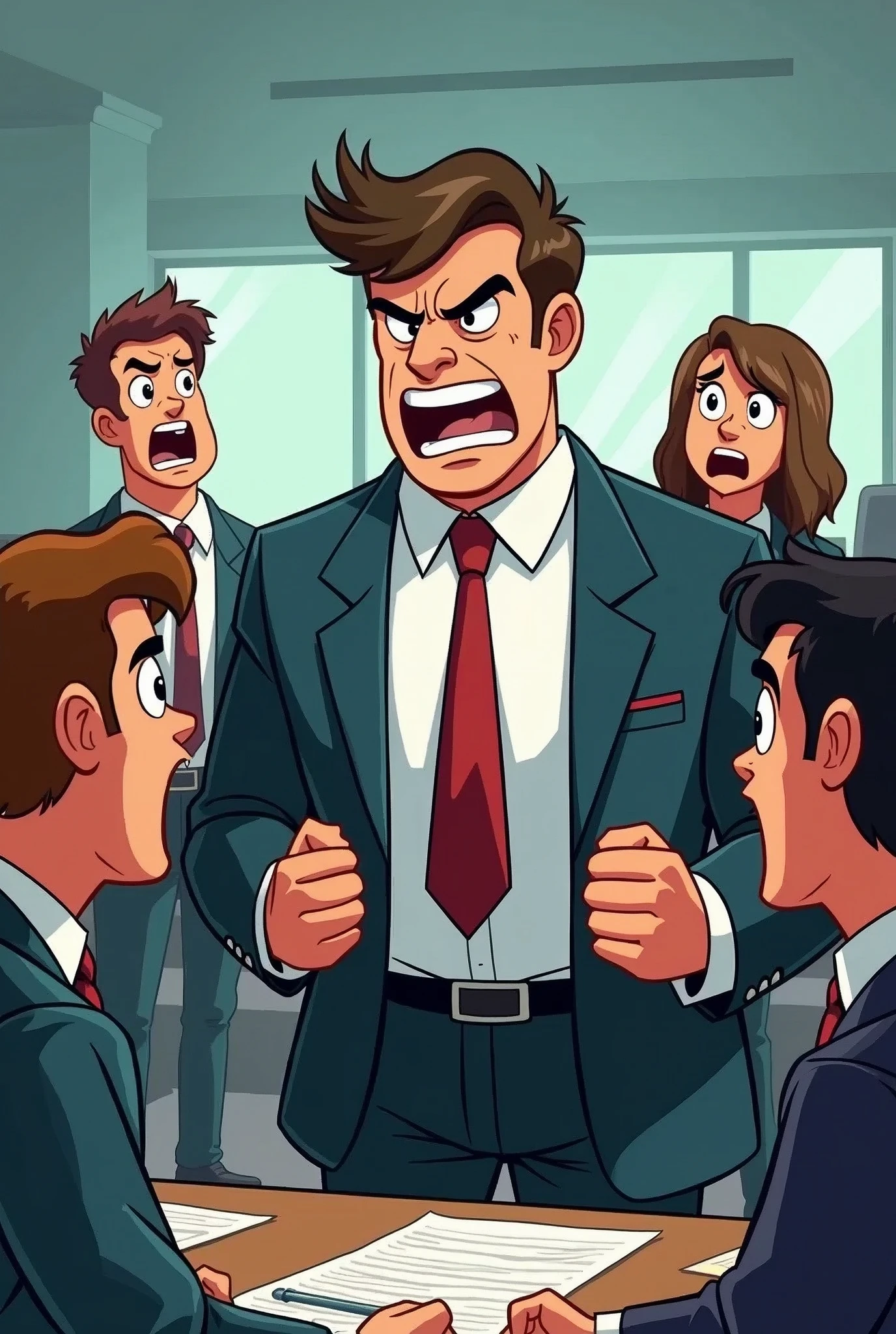 Create a cartoon of an angry company Director and subordinate managers who are very scared, very very scared