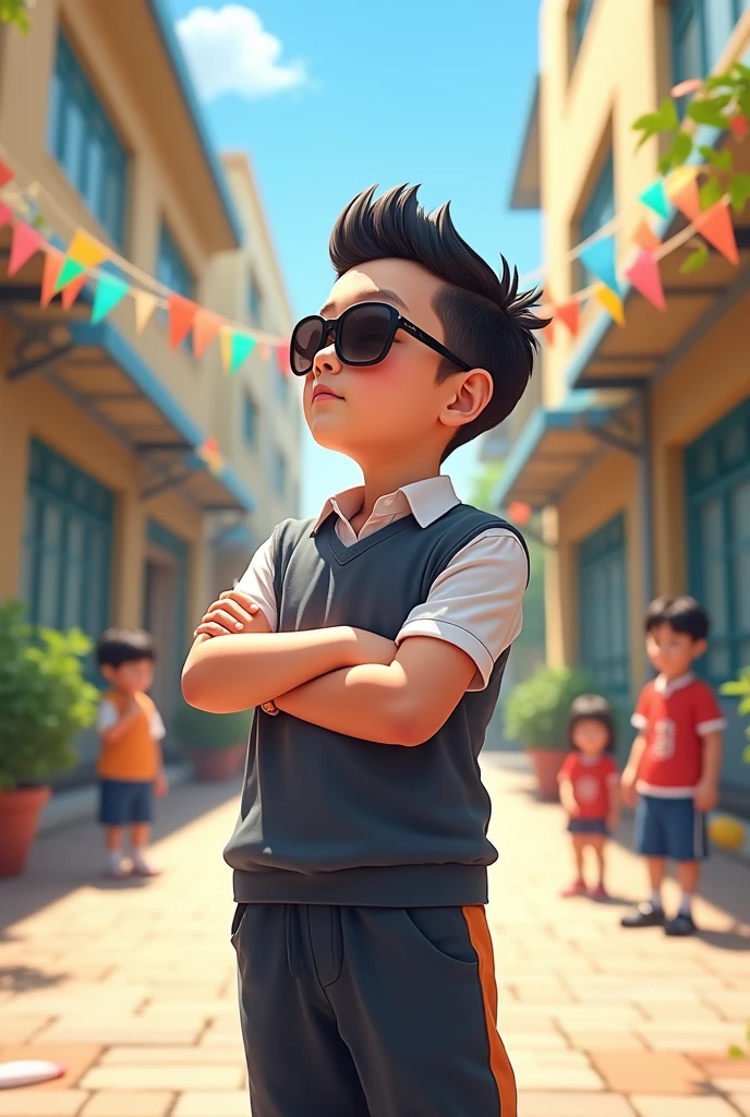 Imagine a 5--old  wearing dress pants, a sporty shirt, sunglasses, a side-swept hairstyle with short black hair, and crossed arms looking to the side. He is inside a schoolyard celebrating Children's Day.