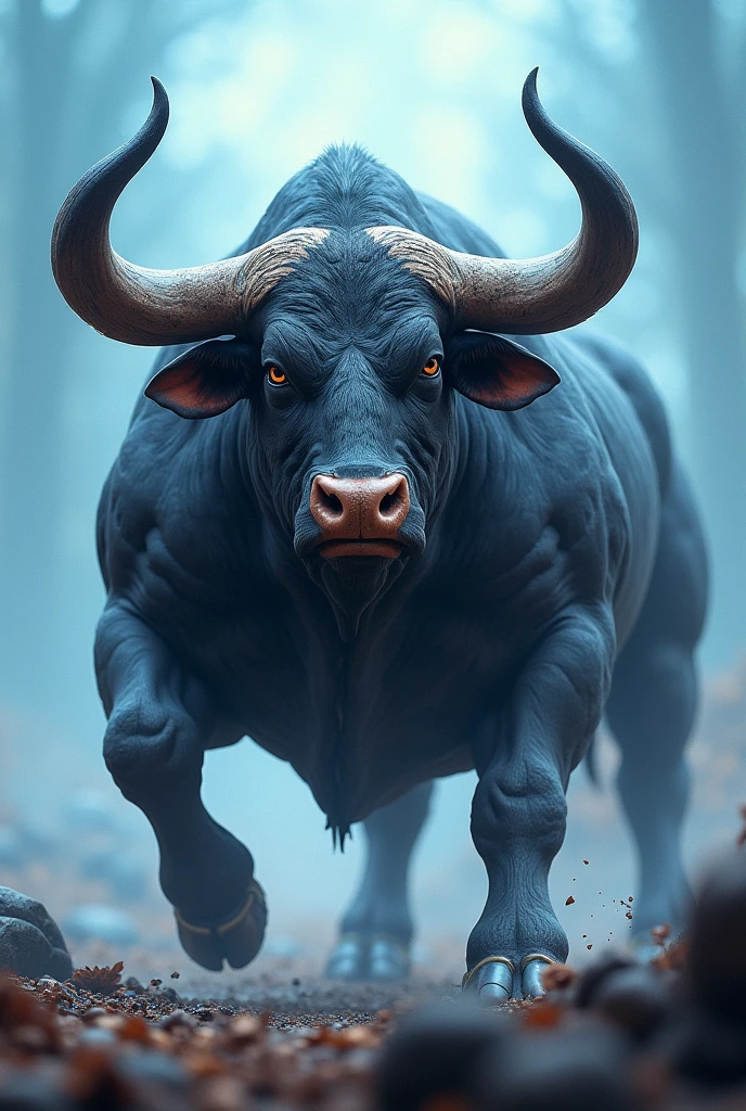 Muscular bull with unique horn look like ready to go to battle with blue and white background