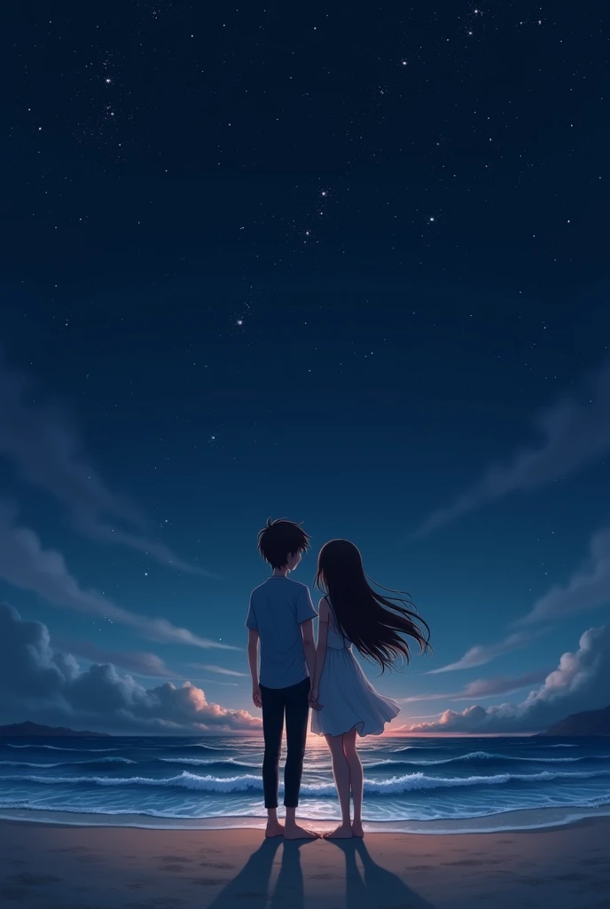A brunette girl with a black-haired boy, in a beach landscape at night