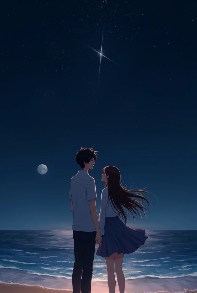 A brunette girl with a black-haired boy, in a beach landscape at night