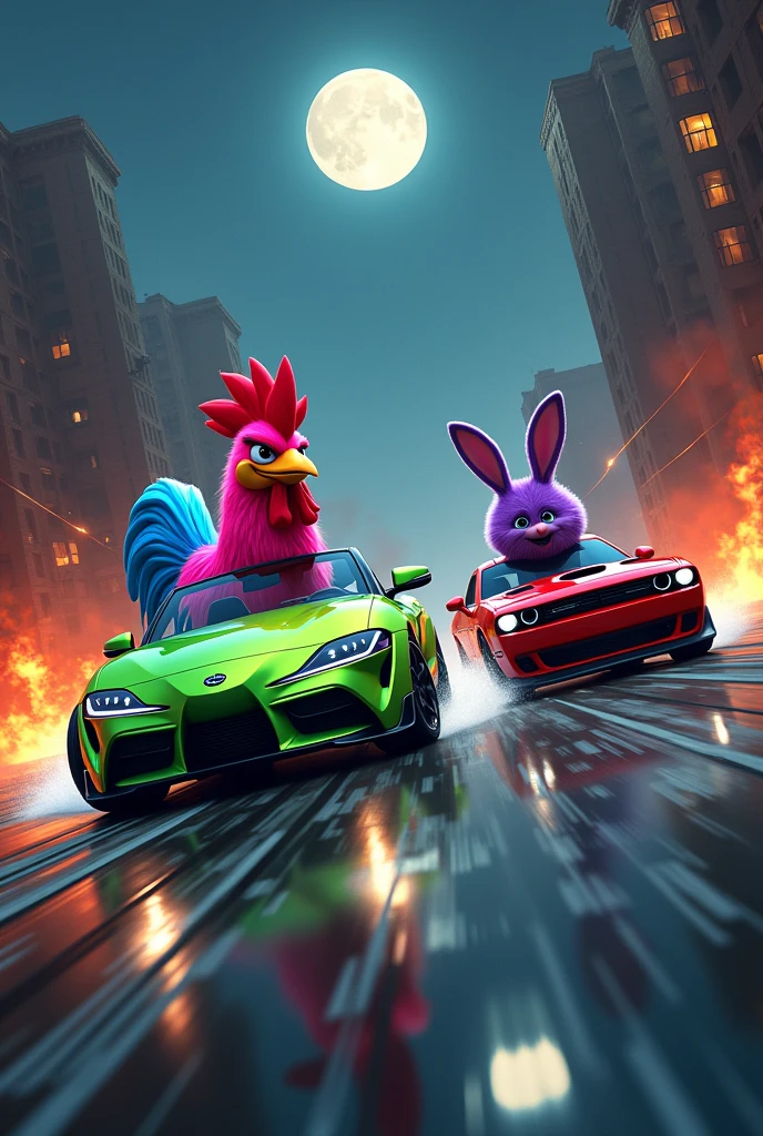 A pink rooster with blue legs and a golden beak riding a green convertible Supra in a race with a purple rabbit riding a red convertible Dodge Challenger. In the background, there are three destroyed buildings on fire at night with a full moon..