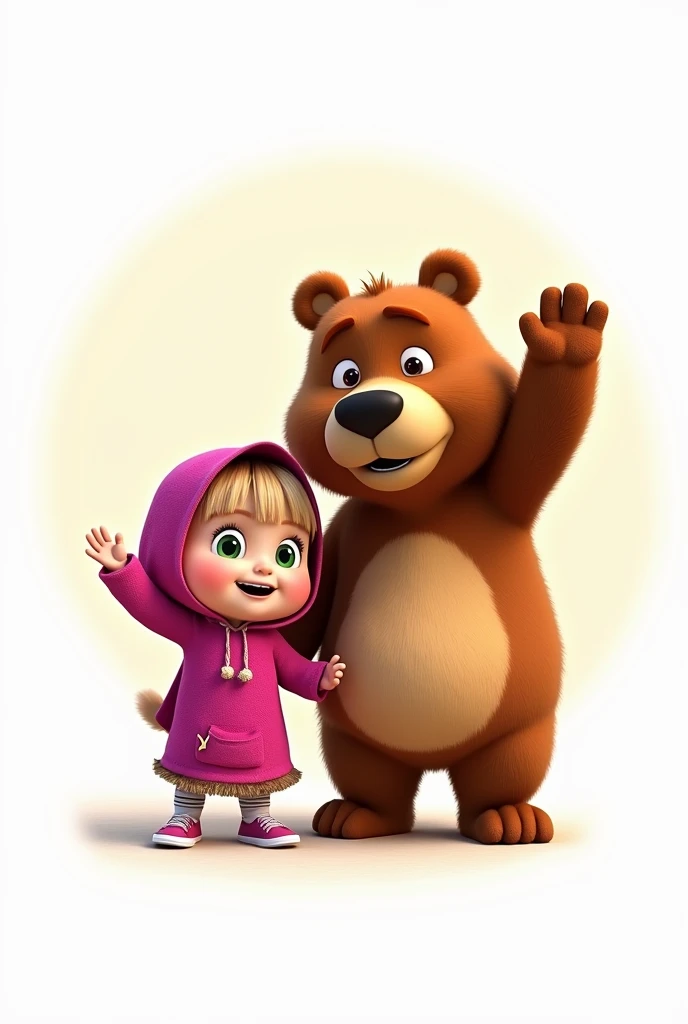 masha and bear waving goodbye with their hands and no landscape (round format and white background)