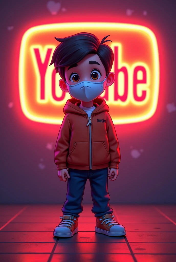 Create a a digital illustration in logo image featuring a boy wearing a face mask, standing in front of a glowing background. In the background, prominently display the text "Mr YouTube" in a bold, glowing font. The overall design should be eye-catching and visually striking, with the glowing text adding a dynamic and engaging effect.