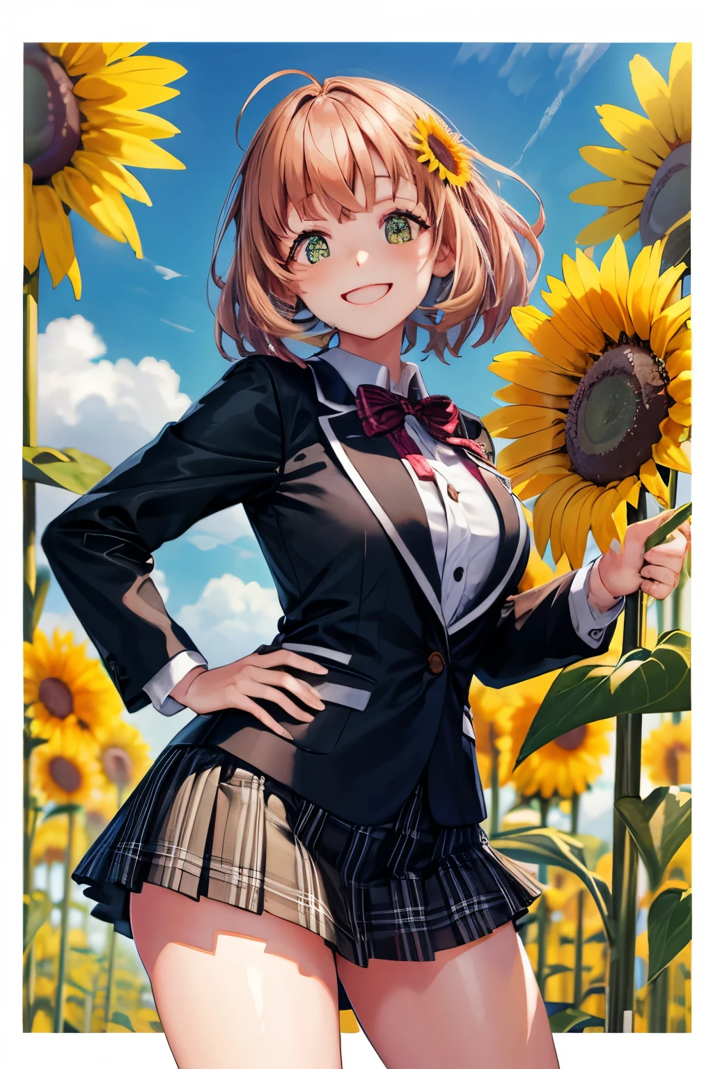 (8k, raw photo, masterpiece, extremely detailed, best quality, professional lighting, high res), beautiful and adorable girl, honma himawari, ahoge, sunflower hair ornament, school uniform, black jacket, plaid skirt, (energetic girl), big smile, BREAK high school, summer, sunflowers