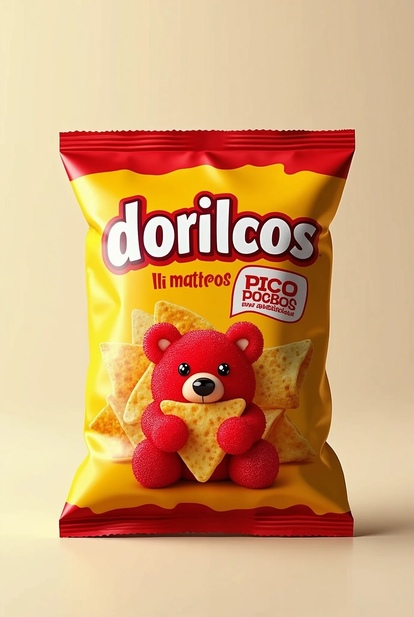 generates an image of a bag of nachos with the name dorilocos and the logo is a red gummy bear hugging a triangular nacho with the phrase picositos pero sabrosos and avoid placing more words than the given