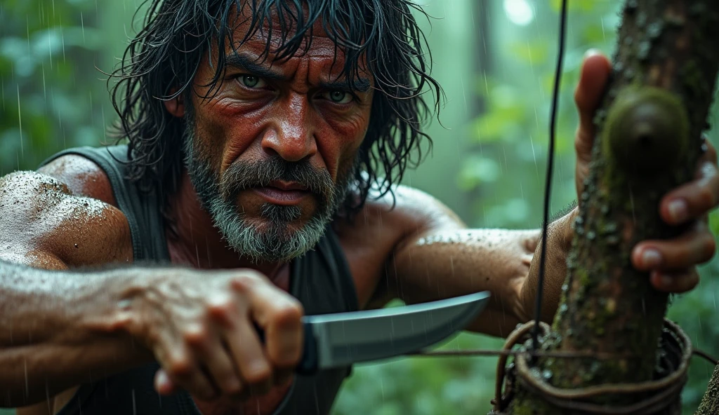 Rambo's eyes were bloodshot red with rage, using a knife to peel bark from a tree to make a bow. The rain was falling in a steady drizzle.  Rambo's eyes were bloodshot red with rage, using a knife to peel bark from a tree to make a bow. The rain was falling in a steady drizzle.