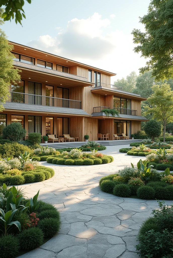 Create a senior care center, with the exterior facade, with gardens, with a therapy center, playground
