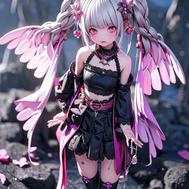 High definition、anime、A pure girl dressed in a shrine maiden's outfit、Flowers sprout from beneath your feet、18age、Halfred with long silver hair、Full body portrait、beautiful girl、A long-sleeved miko outfit、Large eyes like opals、Powerful eyes、Kagura Dance