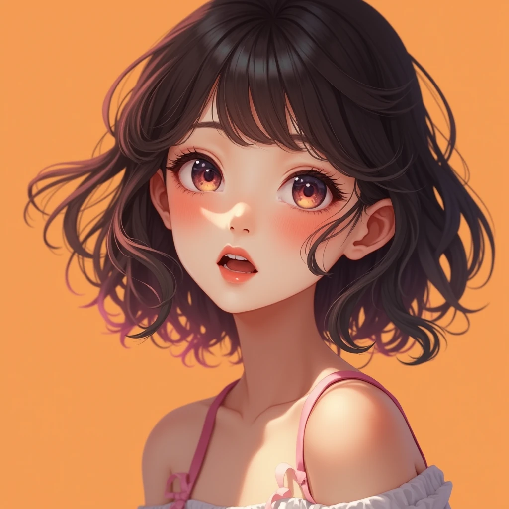 ((masterpiece)), ((best quality)), (portrait of beautiful girl), perfect detailed eyes, perfect detailed face, ultra-detailed nose, open mouthbeautiful girl), perfect detailed eyes, perfect detailed face, ultra-detailed nose, open mouth, radom color shorts, perfect teeth, bare shoulders, charming, perfect face, dimple on cheek, depth of field, highres, ((real skin texture)), (well-proportionedu hands), thin lips, random color hair, floating multicolored hair, thin waist, orange pastel background