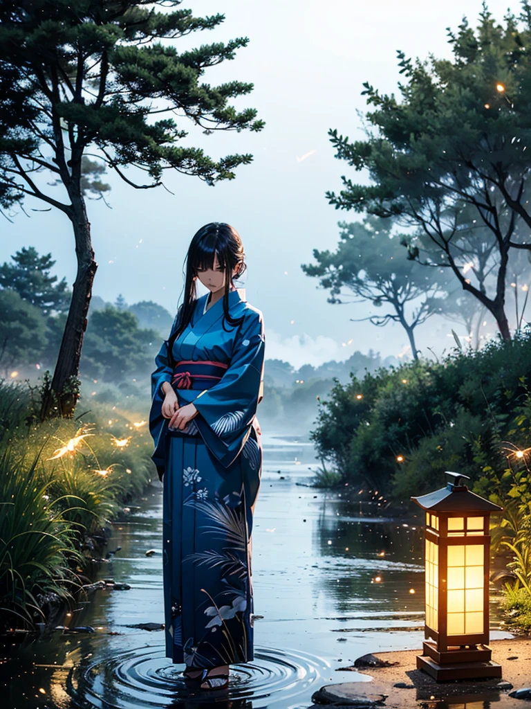 Masterpiece, illusion, Highest Quality, natta, Cloudy night, street, ((Fireflies)), ((countryside)), (countryside), River surface, Adult woman wearing a yukata, Heavy evening fog, Flowing evening fog, dry ice, thick fog, confession, regret, loneliness, Long black hair, Hair luster, after the rain, Whole body, Overhead, Sync Lantern, sorrow, separation, reminiscence, thought