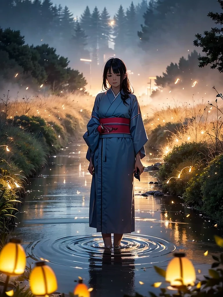 Masterpiece, illusion, Highest Quality, natta, Cloudy night, street, ((Fireflies)), ((countryside)), (countryside), River surface, Adult woman wearing a yukata, Heavy evening fog, Flowing evening fog, dry ice, thick fog, confession, regret, loneliness, Long black hair, Hair luster, after the rain, Whole body, Overhead, Sync Lantern, sorrow, separation, reminiscence, thought